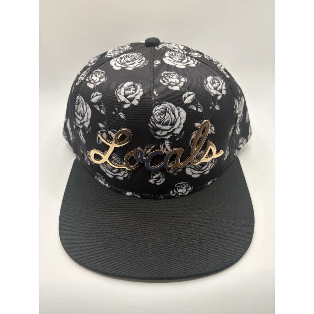 Locals Snapback Hat Black White Roses Floral Gold Metal Logo Flat Bill OSFA